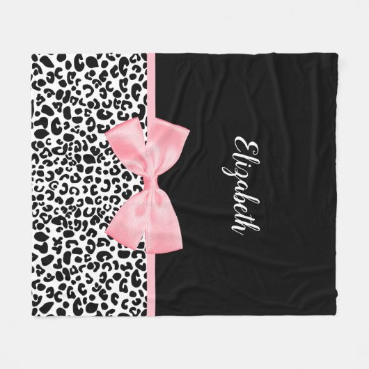 Blush Pink Bow Zwart Wit Leopard Print Patroon Fleece Deken (Voorkant (Horizontaal))