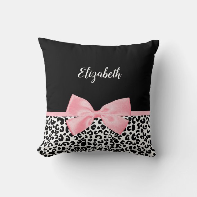 Blush Pink Bow Zwart Wit Leopard Print Patroon Kussen (Voorkant)