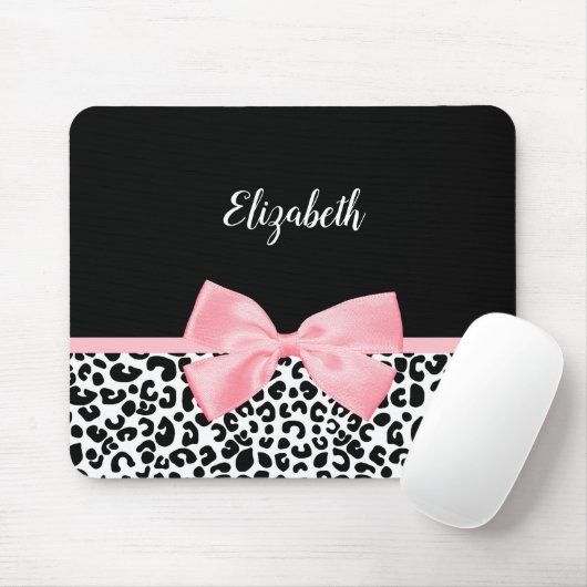 Blush Pink Bow Zwart Wit Leopard Print Patroon Muismat (Met muis)