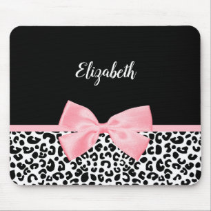 Blush Pink Bow Zwart Wit Leopard Print Patroon Muismat