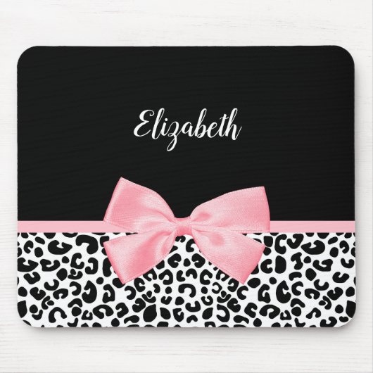 Blush Pink Bow Zwart Wit Leopard Print Patroon Muismat (Voorkant)