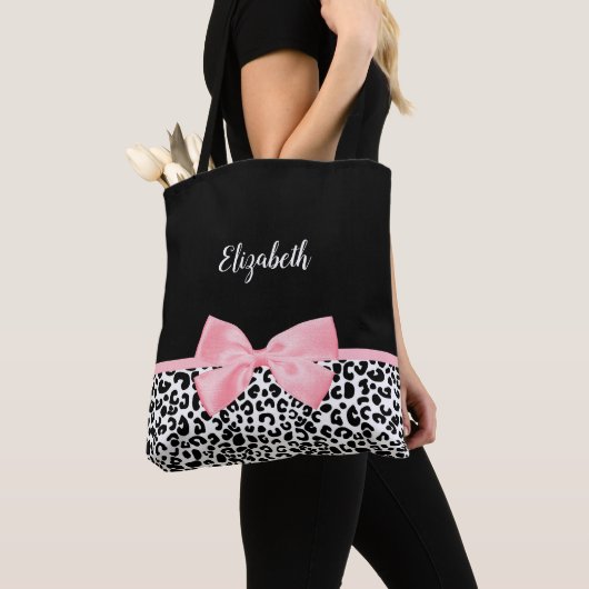 Blush Pink Bow Zwart Wit Leopard Print Patroon Tote Bag (Dichtbij)