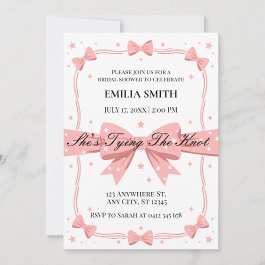 blush pink Bows She's Tying the Knot Vrijgezellenf Kaart (Voorkant)