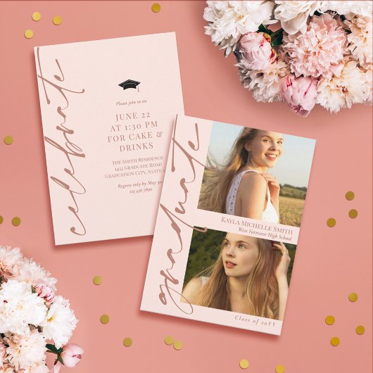 Blush Pink & Brass Calligrafie 2 Foto's Afstuderen Kaart