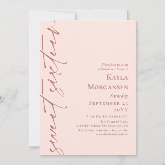 Blush Pink & Brass Calligrafie Sweet 16 Kaart (Voorkant)
