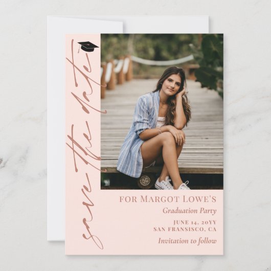 Blush Pink & Brass kalligrafie Afstuderen Save The Date (Voorkant)