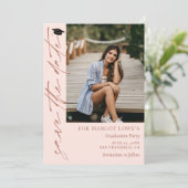 Blush Pink & Brass kalligrafie Afstuderen Save The Date (Staand voorkant)