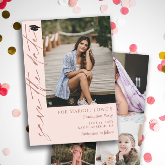 Blush Pink & Brass kalligrafie Afstuderen Save The Date