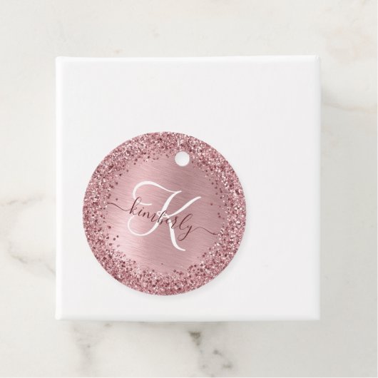 Blush Pink Brushed Metal Glitter Monogram Name Bedankjes Labels (In situ)