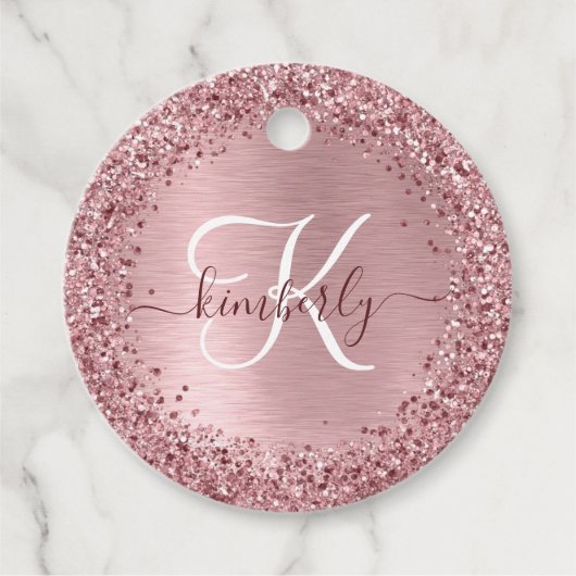 Blush Pink Brushed Metal Glitter Monogram Name Bedankjes Labels (Voorkant)