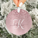 Blush Pink Brushed Metal Glitter Monogram Name Ornament<br><div class="desc">Easily personalize this trendy chic ornament design featuring pretty blush pink sparkling glitter on a blush pink brushed metallic background.</div>