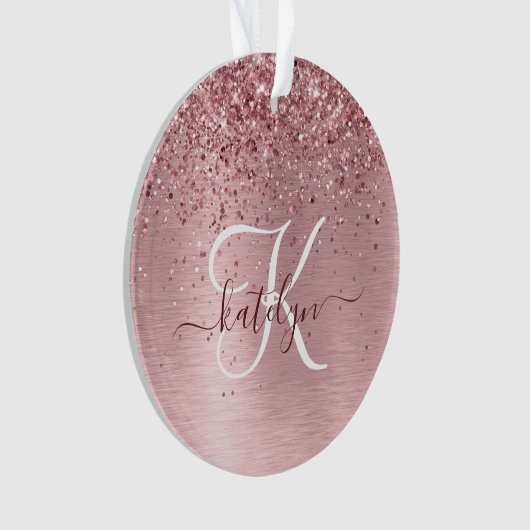Blush Pink Brushed Metal Glitter Monogram Name Ornament (voorkant)
