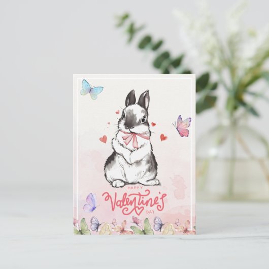 Blush Pink Bunny & Vlinders Valentijnsdag Briefkaart (Staand voorkant)