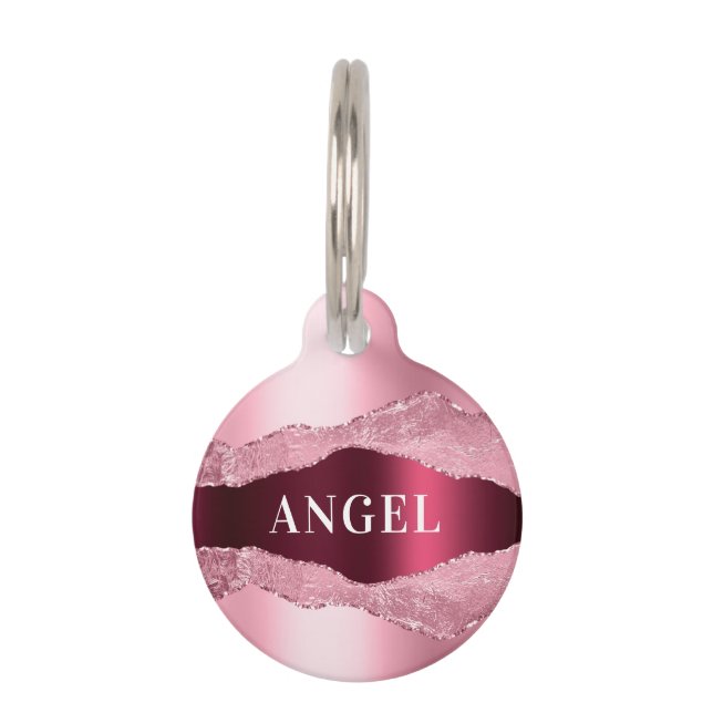 Blush pink burgundy agate marmer name huisdierpenning (Voorkant)