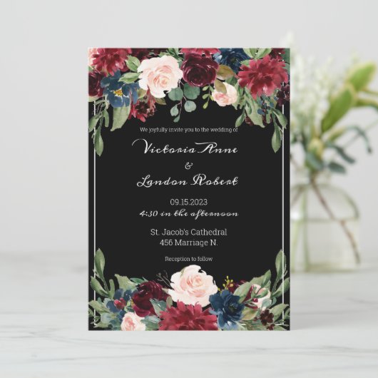 Blush Pink Burgundy Floral Elegant Script Weduwsch Kaart (Staand voorkant)
