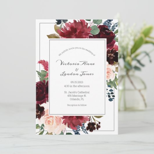 Blush Pink Burgundy Floral Elegant Script Weduwsch Kaart (Staand voorkant)