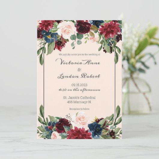 Blush Pink Burgundy Floral Elegant Script Weduwsch Kaart (Staand voorkant)