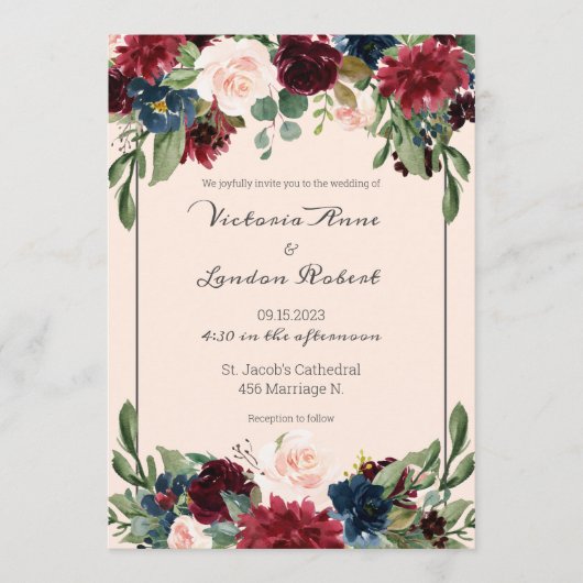 Blush Pink Burgundy Floral Elegant Script Weduwsch Kaart (Voorkant)