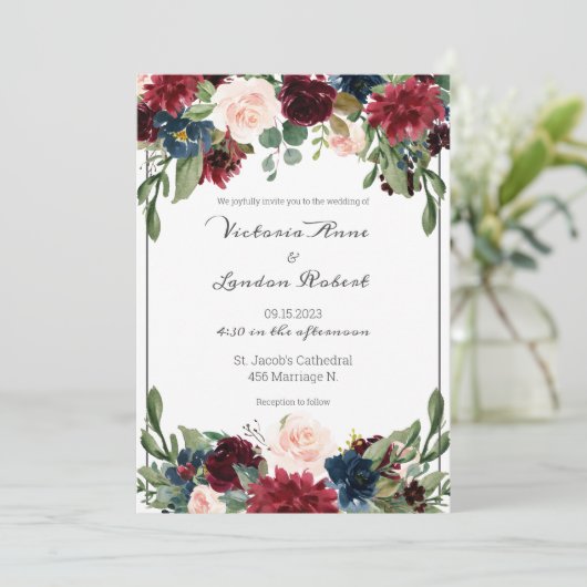 Blush Pink Burgundy Floral Elegant Script Weduwsch Kaart (Staand voorkant)