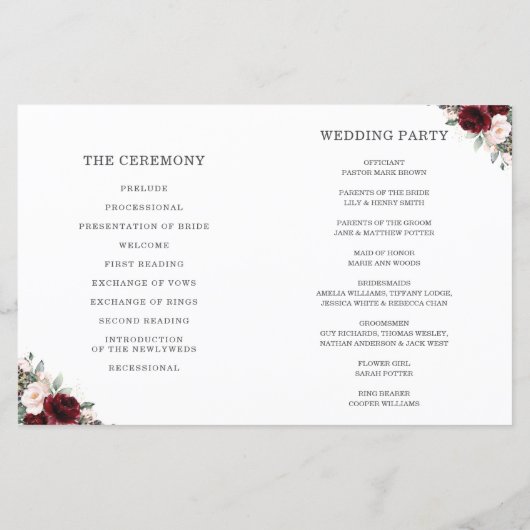 Blush Pink Burgundy Floral Folded Wedding Programm (Achterkant)