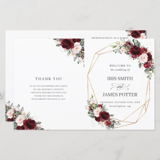 Blush Pink Burgundy Floral Folded Wedding Programm (Voorkant / Achterkant)