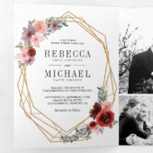 Blush Pink Burgundy Floral Foto Collage Weddenscha Drieluik Uitnodiging (Binnenzijde eerst)