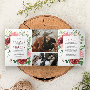 Blush Pink Burgundy Floral Foto Collage Weddenscha Drieluik Uitnodiging