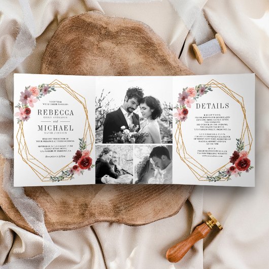 Blush Pink Burgundy Floral Foto Collage Weddenscha Drieluik Uitnodiging