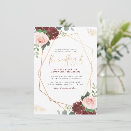 Blush Pink & Burgundy Floral Gold Greenery Wedding Kaart (Staand voorkant)