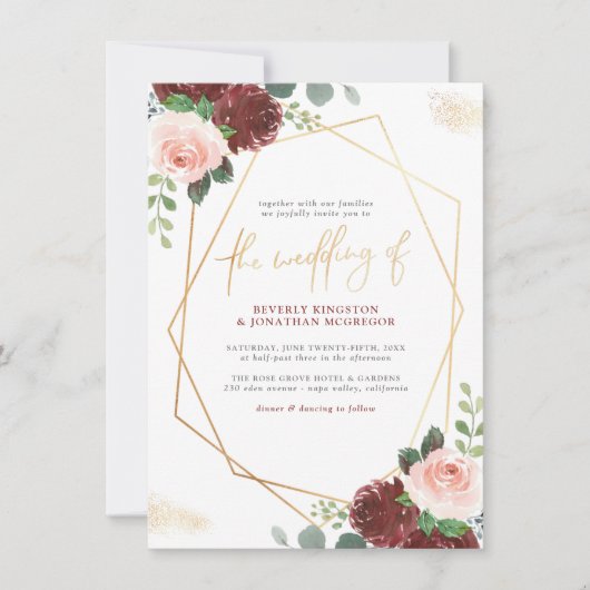 Blush Pink & Burgundy Floral Gold Greenery Wedding Kaart (Voorkant)