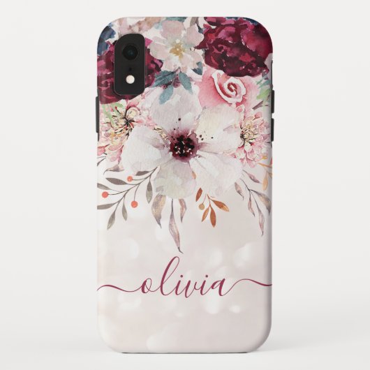 Blush Pink Burgundy Floral iPhone XR Hoesje (Achterkant)