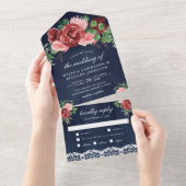 Blush Pink Burgundy Floral Lace Navy Blue Wedding All In One Uitnodiging (Afscheurbaar)