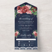Blush Pink Burgundy Floral Lace Navy Blue Wedding All In One Uitnodiging (Binnen)