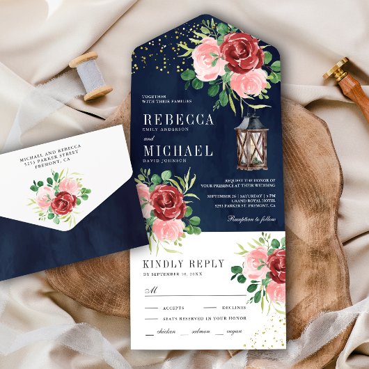 Blush Pink Burgundy Floral Lantern Navy Weddenscha All In One Uitnodiging