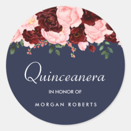 Blush Pink Burgundy Floral Navy Blue Quinceanera Ronde Sticker