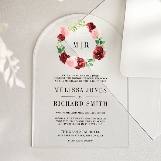 Blush Pink Burgundy Floral Navy Blue Wedding Acryl Uitnodigingen