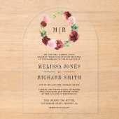 Blush Pink Burgundy Floral Navy Blue Wedding Acryl Uitnodigingen (Voorkant)