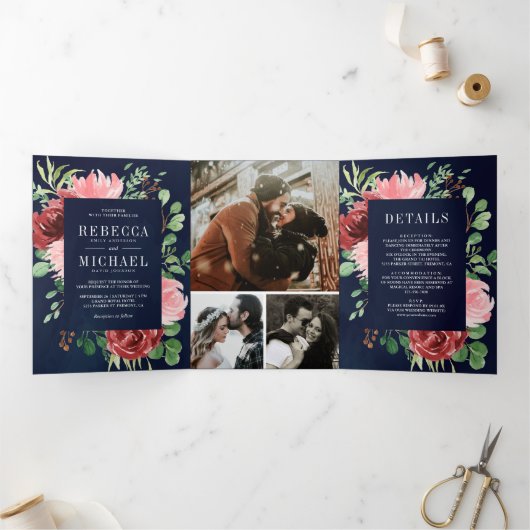Blush Pink Burgundy Floral Navy Blue Wedding Drieluik Uitnodiging (Binnen)