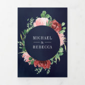Blush Pink Burgundy Floral Navy Blue Wedding Drieluik Uitnodiging (Cover)