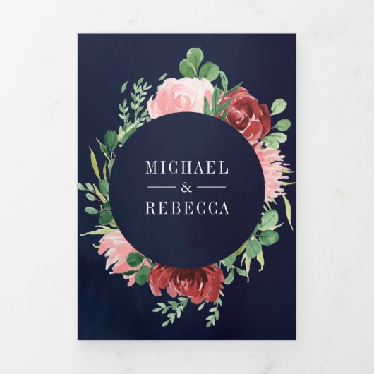 Blush Pink Burgundy Floral Navy Blue Wedding Drieluik Uitnodiging (Cover)