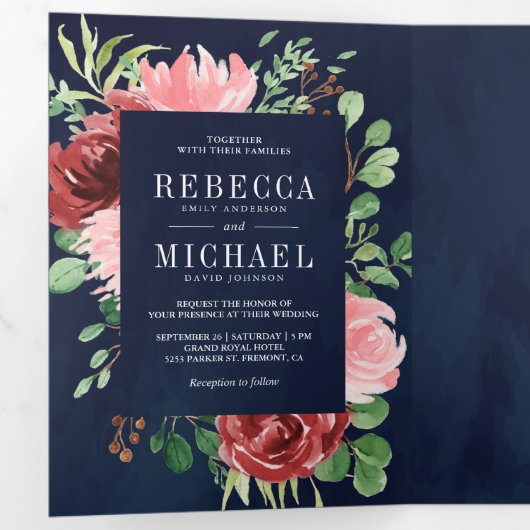 Blush Pink Burgundy Floral Navy Blue Wedding Drieluik Uitnodiging (Binnenzijde eerst)