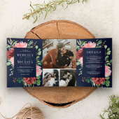 Blush Pink Burgundy Floral Navy Blue Wedding Drieluik Uitnodiging