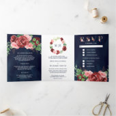 Blush Pink Burgundy Floral Navy Blue Wedding Drieluik Uitnodiging (Binnen)