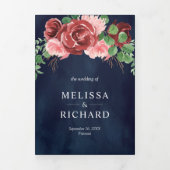 Blush Pink Burgundy Floral Navy Blue Wedding Drieluik Uitnodiging (Cover)