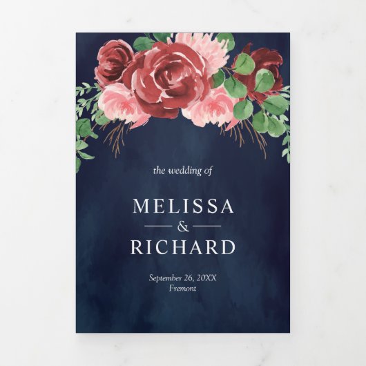 Blush Pink Burgundy Floral Navy Blue Wedding Drieluik Uitnodiging (Cover)