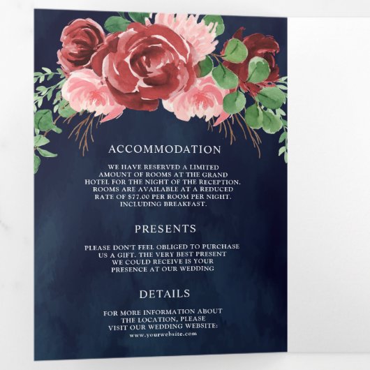Blush Pink Burgundy Floral Navy Blue Wedding Drieluik Uitnodiging (Binnenzijde eerst)