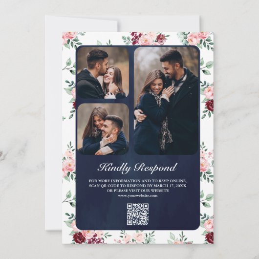 Blush Pink Burgundy Floral QR Code Navy Weddenscha Kaart (Achterkant)