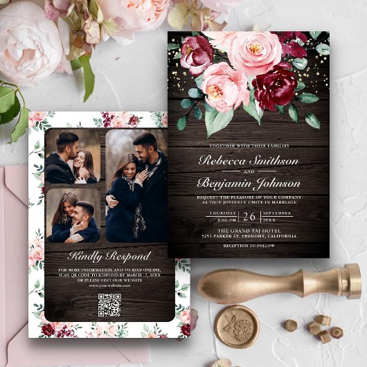 Blush Pink Burgundy Floral QR Code Wood Weddenscha Kaart