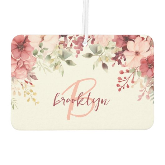 Blush Pink Burgundy Floral Script Monogram Luchtverfrisser (Achterkant)