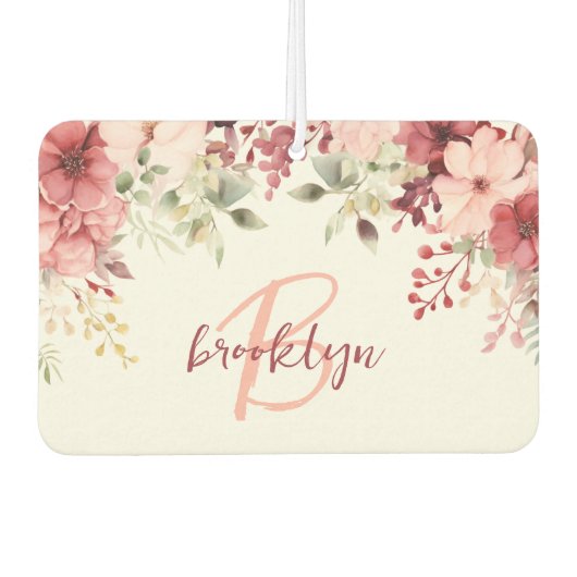 Blush Pink Burgundy Floral Script Monogram Luchtverfrisser (Voorkant)